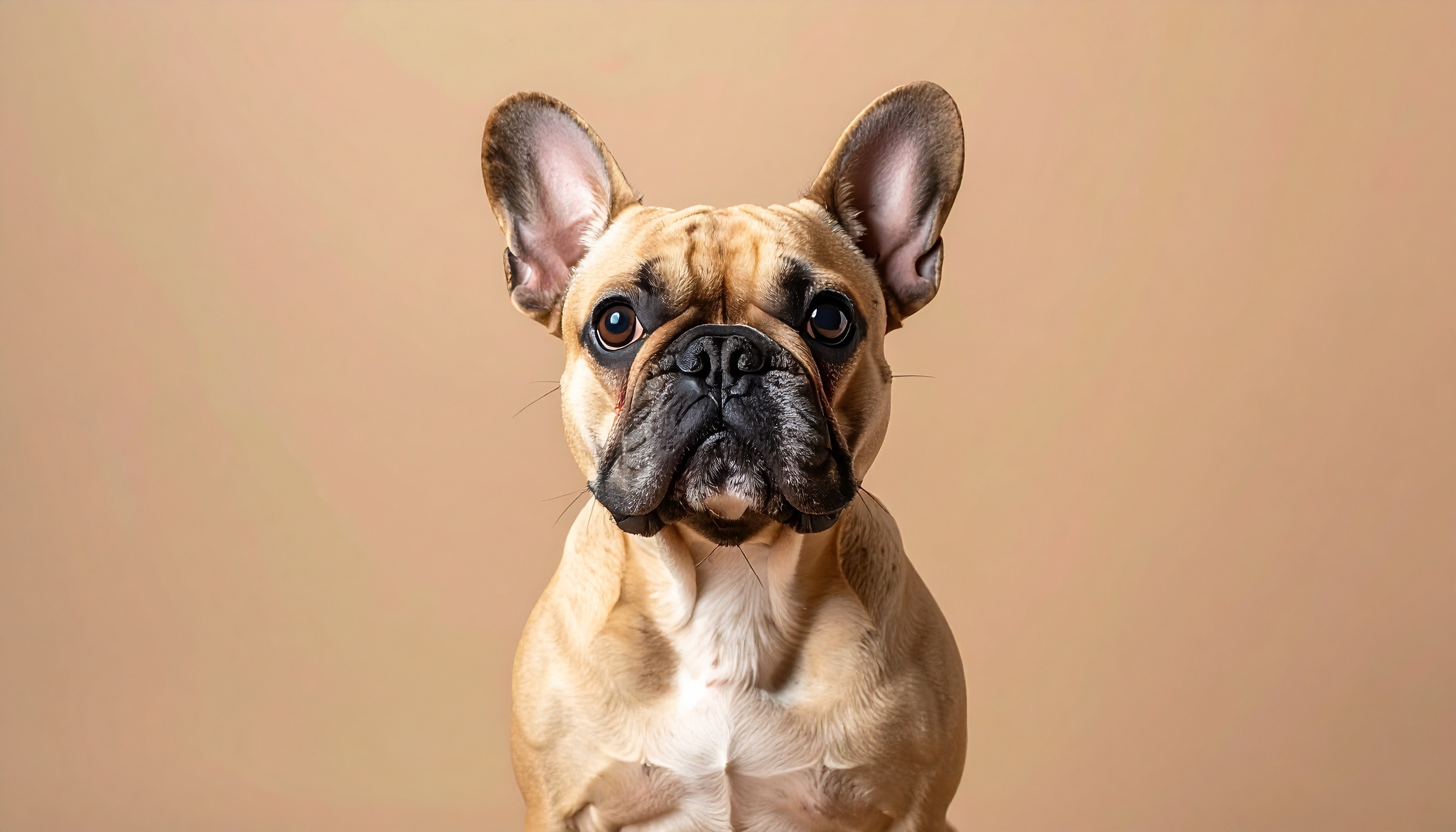 Retrato cativante de um buldogue francês em estúdio, destacando sua expressão curiosa e orelhas proeminentes contra um fundo neutro bege suave.